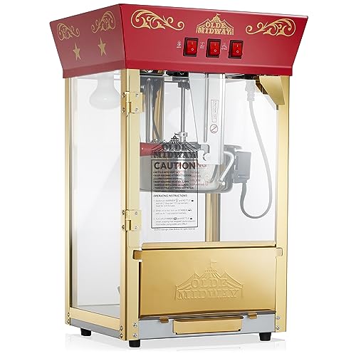 Olde Midway Movie Theater-Style Popcorn Machine Maker with 8-Ounce Kettle - Red, Vintage-Style Countertop Popper