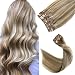 Clip in Hair Extensions Real Human Hair Beige with Blonde Highlights 7 pieces 70 Gram 15 inch Silky Straight Double Weft Remy Extensions Clip on for Fine Hair Full Head for Women