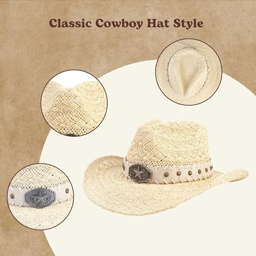 Image of Straw Cowboy Hats Cowgirl Hat Western Cowboy Hat Rancher Hat for Men Women, Exquisite Decoration Band