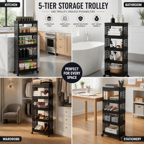 Image of Plastic Storage Trolley Rack with Wheels, 5-Layer Rolling Utility Cart, Space-Saving Home Organizer Rack, Kitchen, Bathroom, Office Storage| Black (1 Pcs, 5-Layer)