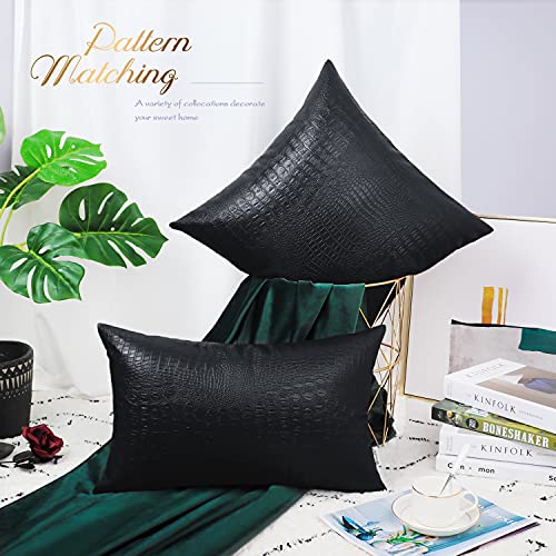 Brawarm Faux Leather Pillow Covers 18 X 18 Inches, Black Leather Pillow Covers Pack Of 2, Crocodile Leather Decorative Throw Pillows For Living Room Couch Bed Sofa Home #TOP2