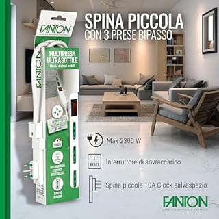 FANTON 47402 Multipresa SLIM 1,5 metri 3 prese bipasso, interruttore di sovraccarico con spina piccola CLOCK utile per posti stretti, dietro a mobili e comodini