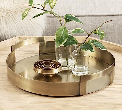 Kate and Laurel Myo Transitional Metal Round Tray, 15 x 15, Brass, Modern Glam Circular Decorative Serving Tray with Handles for Storage, Display, and Decor Kate and Laurel Myo Transitional Metal Round Tray, 15 x 15, Brass, Modern Glam Circular Decorative Serving Tray with Handles for Storage, Display, and Decor
