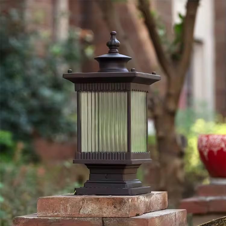 Outdoor Gate Light, Black Metal Column Lantern with Ribbed Glass, Garden Patio Pillar Lamp, Traditional Style-image-35