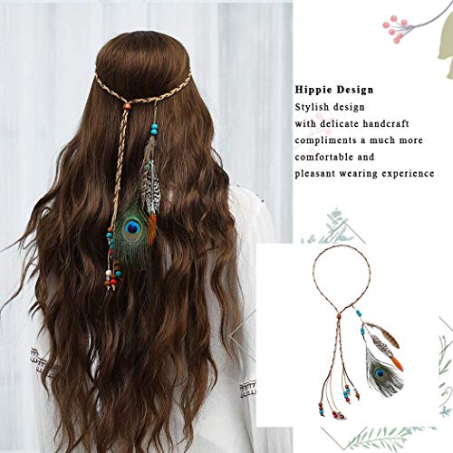 Genbree Boho Peacock Feather Headband Indian Headbands Hippie Feather Headdress Adjustable Rope Hair Accesoories For Women And Girls #TOP7