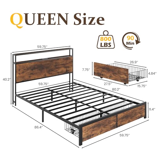 Lifezone Queen Bed Frame with 2-Tier Storage Headboard, Metal Bed Frame with Storage Drawers & Built-in Charging Station & LED, Noise-Free, No Box Spring Needed, Easy Assembly, Rustic Brown