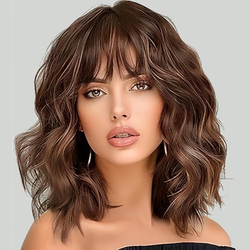 winacdkil Wavy Wig With Bangs Wavy Bob Wig with Bangs Synthetic Natural Looking Heat Resistant Fiber Wigs Cosplay Halloween Party Wigs for Girl Colorful Costume Wig (Brown)