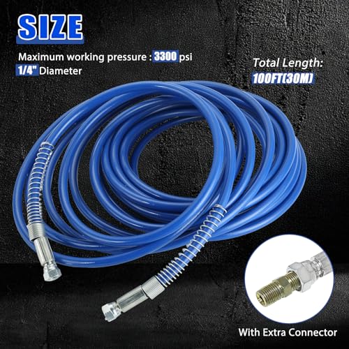 MAOPINER 1/4" Airless Paint Sprayer Hose 100FT Blue, 3300 PSI High Pressure Flexible Fiber Tube, Universal Airless Sprayer Hose (100FT, Blue)
