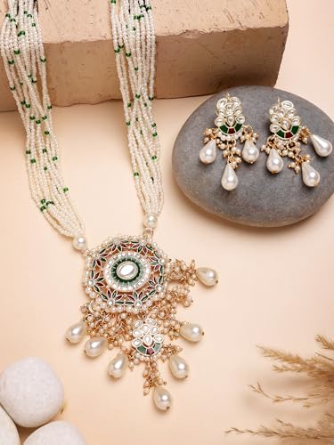 Image of Karatcart Red & Green Beaded Long Kundan Rani Haar Necklace Set for Women