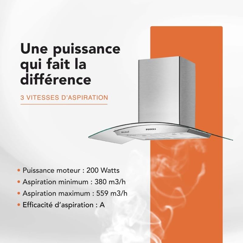 BELDEKO Hotte Murale 90 cm Inox 559 m3/h Évac/Recyclage - Marque Française