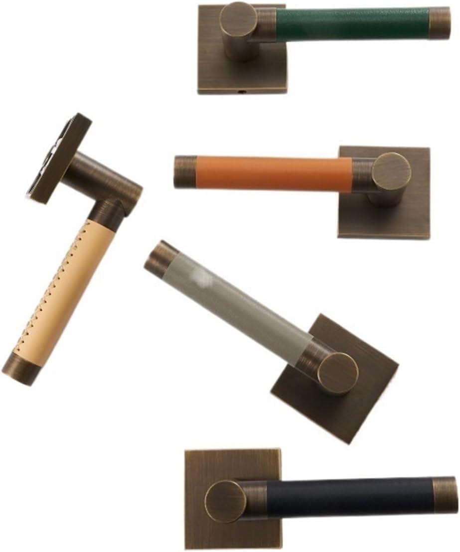 Brass Door Lock Set Modern Replaceable Leather Interior Bedroom Bathroom Double Dummy Privacy Passage Lever(Green-Passage Lock)