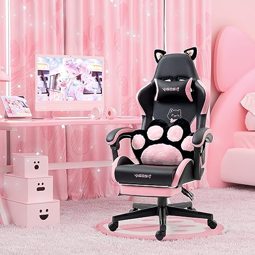 Cute Gaming Chair with Cat Paw Lumbar Cushion