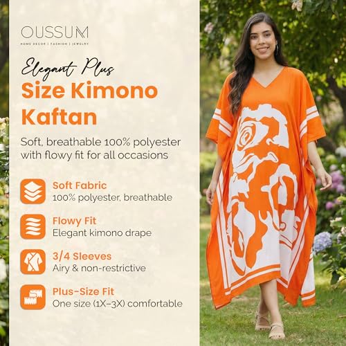 Image of Oussum Women Plus Size Dresses Kimono Caftan Maxi Dress Floral Polyester Long Mumu House Beach Cover Up 1X-3X Summer Wear
