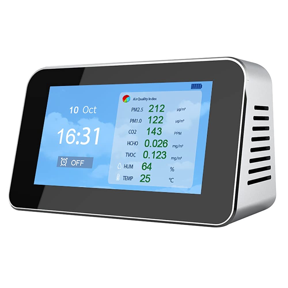 Carbon Dioxide CO2 Monitor, Pollution Tester, Detect PM2.5/PM10/PM1.0 Micron Dust, Temperature Humidity, 24H Real Time Monitor, LCD Display