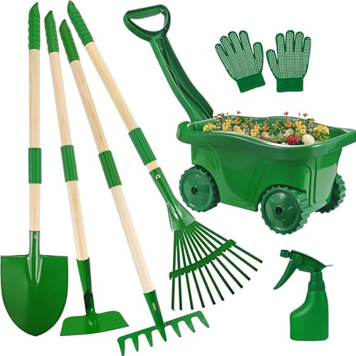 Kids Gardening Tool Set,7 pcs Detachable Toddler Gardening Tools with Shovel,Rake,Hoe and Wheelbarrow for Outdoor Backyard Lawn Sand Beach, Educationa