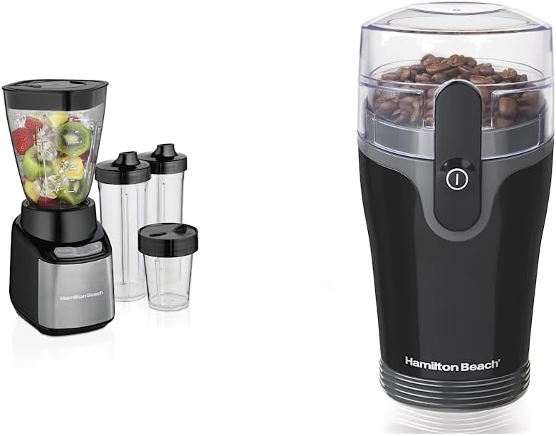 Hamilton Beach Stay or Go Blender with 32oz Jar, 8oz, Black and Silver (52400) & Fresh Grind Electric Coffee Grinder for Beans, Spices and More, Stainless Steel Blades, Removable Chamber, Black