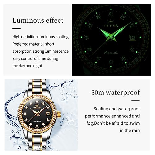 Image of OLEVS Womens Automatic Watch Gold Luxury Diamond Self Winding Ladies Wrist Watches Waterproof Luminous Date