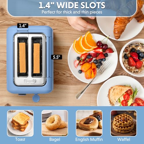 Image of BUYDEEM DT620 2-Slice Toaster, Extra Wide Slots, Retro Stainless Steel with High Lift Lever, Bagel and Muffin Function, Removal Crumb Tray, 7-Shade Settings,Blue