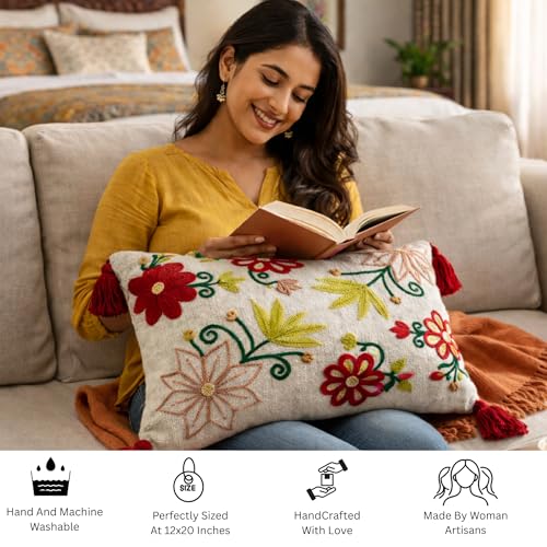 Image of Embroidered Floral Lumbar Throw Pillow Cover with Filler, Red Tassels, 12x20 Inches