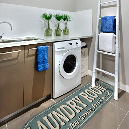 Machine Washable Text Design Laundry Room Rug Non-Slip Rubberback 2X5 Laundry Runner Rug For Laundry Room, Bathroom, Washroom, 20" X 59" Oval, Baby Blue #TOP5