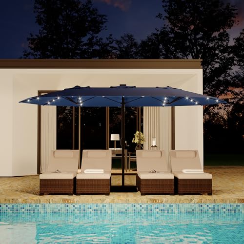 15ft Large Patio Umbrella with Base & Solar Lights - Rectangular Patio Umbrella with Crank Handle, UV Protection for Outdoor Market, Backyard, Pool -
