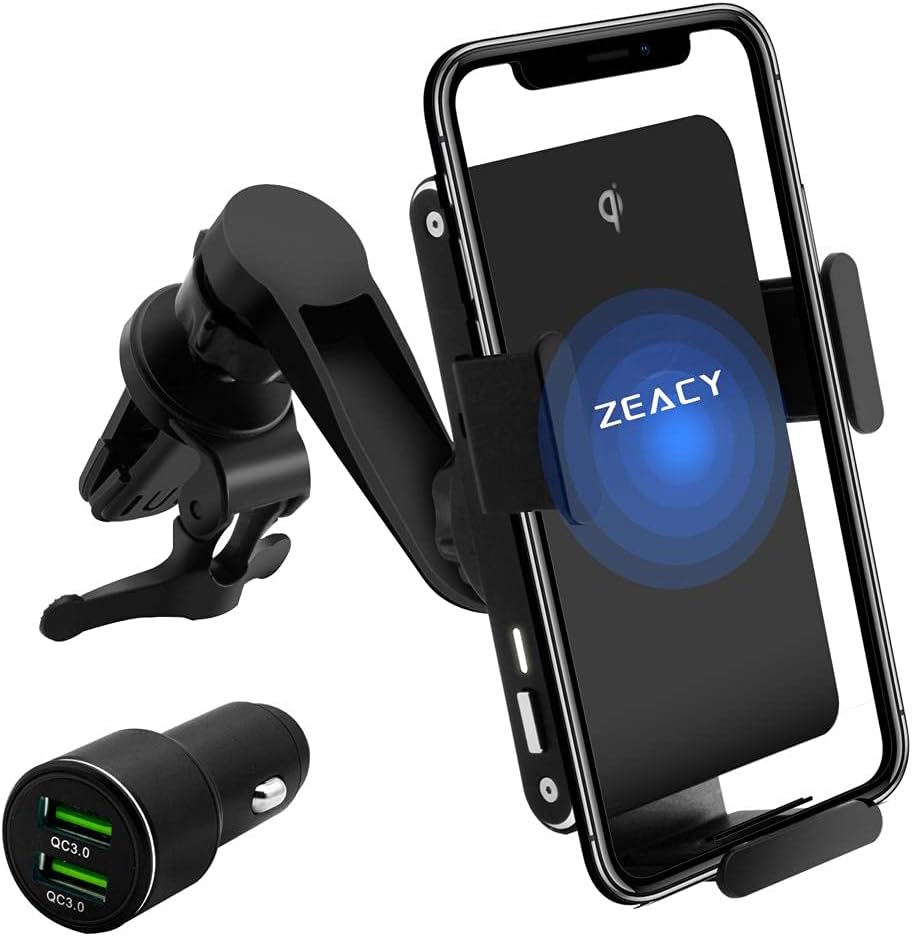 ZEACY Wireless Car Charger 15W Qi-Certified Fast Charger Auto-Clamping Air Vent Phone Mount Compatible with iPhone 12/11/X/8 Samsung Galaxy and Other Qi-Enabled Phones(with QC 3.0 USB Car Charger)