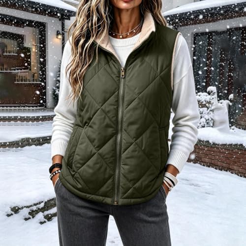 Fall Jackets For Women Puffer vest women Full Zip Quilted Fleece Padded Sleeveless jacket loose casual fall winter warm trendy outfits Coat Army Green L - image 2