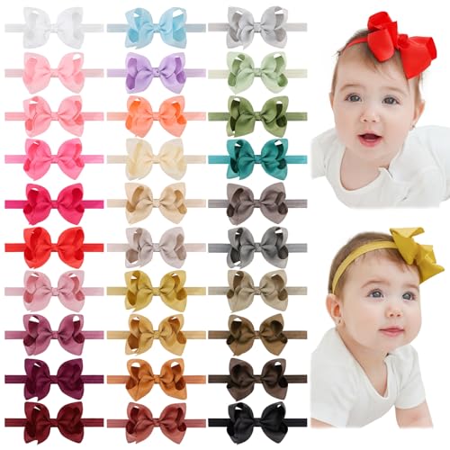 Image of jollybows 30pcs Baby Girls Grosgrain Ribbon Hair Bows Headbands 4" Elastic Hair Band Hair Accessories for Infants Newborn- Natural Color Set