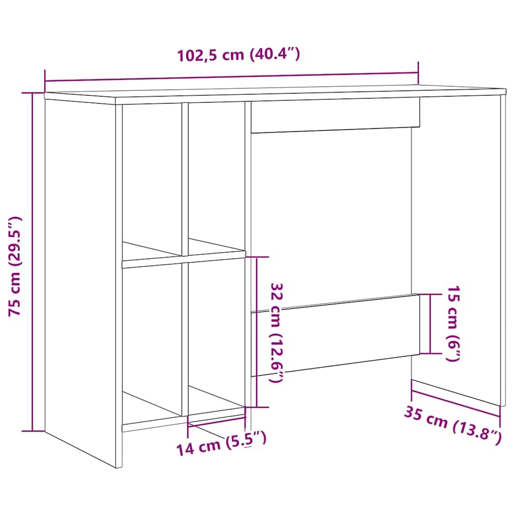 Scrivania Artisan Rovere 102,5 x 35 x 75 cm, robusto legno tavolo da ufficio con 4 scomparti per laptop e forniture per ufficio, ideale per la casa e la camera degli studenti