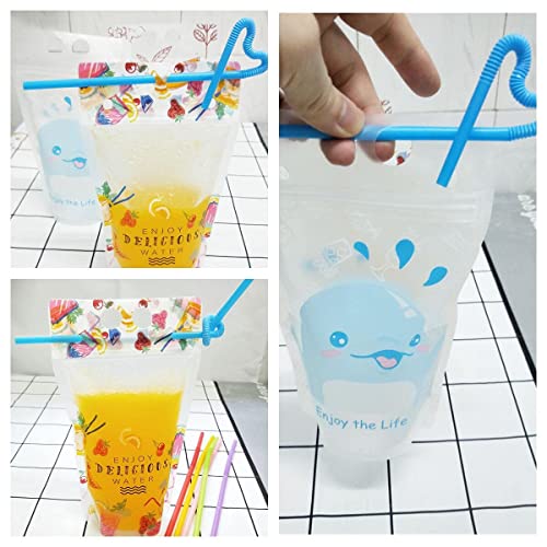 U/B 30 Pcs Drink Pouches Bag With Straws Smoothie Bags Juice Pouches Heavy Duty Hand-Held Translucent Reclosable Stand-Up Plastic Pouches Bags Drinking Bags 2.4Inch Bottom Gusset With 30Pcs Straws thumb #3
