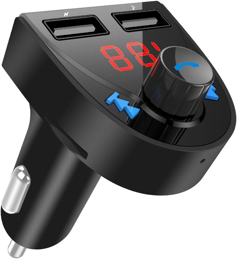 FM Transmitter, Bluetooth Car Transmitter Wireless In-Car Radio Adapter Hands-free Call Car Kit with Dual USB Charger Port, Support Bluetooth/TF Card/U-Disk Music Play, Car Voltage Detection