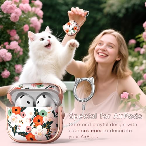 Image of for AirPods 4 Case with Cleaning Kit, Cute Cat Ear Print Design & Cute Buckle, Inverted Phone Holder Design, Top Safe Lock Buckle Design, for Girls AirPods 4 case 2024, Rose Gold Flower