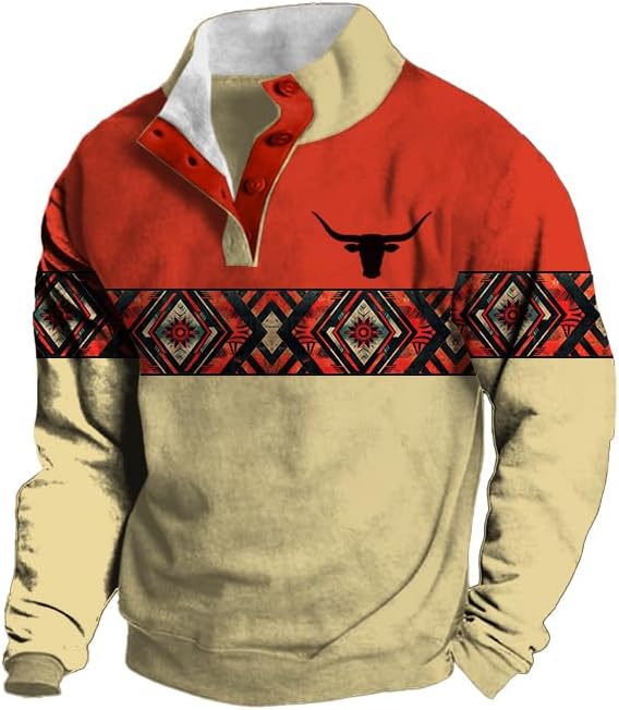Retro Long Sleeve Sweatshirts for Men Fall West Cowboy Country Aztec Bull Print Stand Collar Button Pullover