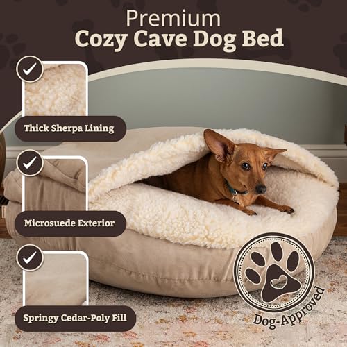 Image of Snoozer Cozy Cave Dog Bed, Round Covered Dog Bed, Buckskin (L)