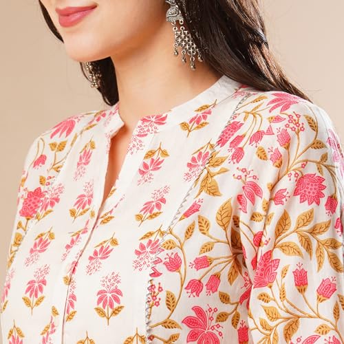 Image of Globus Women Ivory Floral Print A-Line Kurta Set With Trouser-3638388001