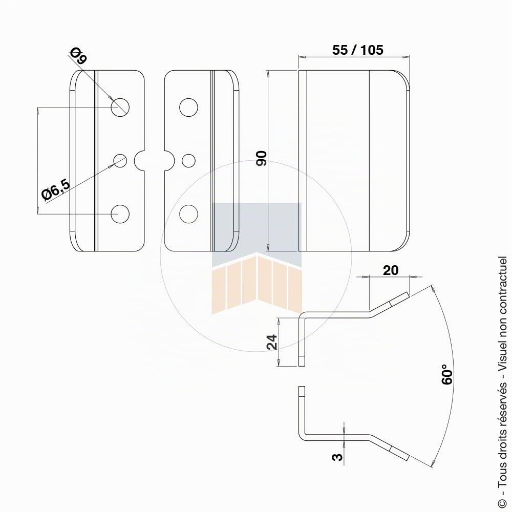U de réception pour boîtier 4 points de fixation en Aluminium - Longueur (mm) : 55, Noir Ral 9005