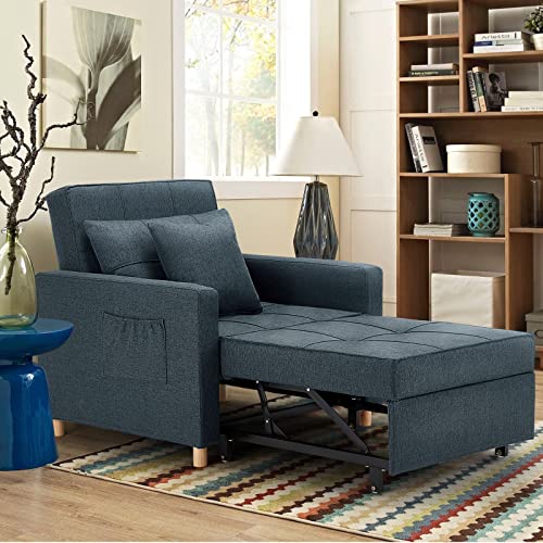 Esright 40 Inch Sleeper Chair Bed 3-in-1 Convertible Futon Chair Multi-Functional Sofa Bed Adjustable Reading Chair, Sofa, Bed, Sleeper Chair with Modern Linen Fabric, Navy Esright 40 Inch Sleeper Chair Bed 3-in-1 Convertible Futon Chair Multi-Functional Sofa Bed Adjustable Reading Chair, Sofa, Bed, Sleeper Chair with Modern Linen Fabric, Navy
