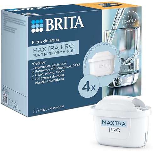 BRITA Cartucho Filtrante de Agua MAXTRA PRO Pure Performance (All-in-1) Pack 4 | Recambio original para todas las jarras BRITA para agua de sabor puro - filtra PFAS, cloro, cal y metales