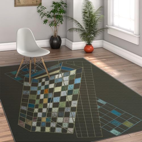 Tapis style Kandinsky géométrique gris foncé lavable en machine