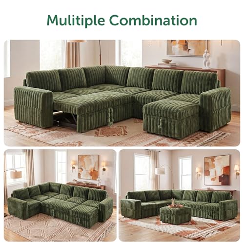 Image of HONBAY Plush Corduroy Modular Sectional Sofa with Pull Out Bed, Convertible U Shaped Couch with Storage,Sleeper Sectional Couches for Living Room,Plush Green