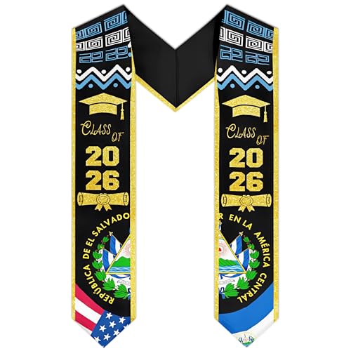 Zrycn El Salvador Graduation Stole 2026 Salvadoran Flag Graduation Sash With gold trim for El Salvador Graduates International Student Accessories
