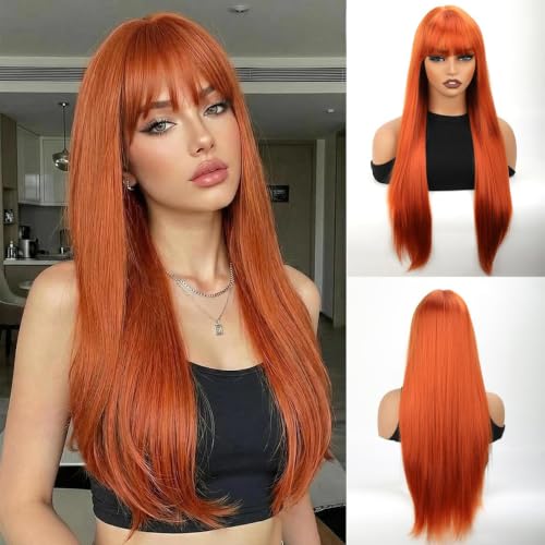 forfeels Long Wig For Women 28 Inches Long Orange Ginger Synthetic Wigs Natural Looking Orange Synthetic Hair Wigs Straight Synthetic Wig With Bangs