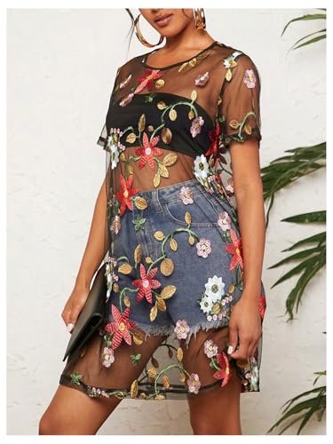 GORGLITTER Women's Sheer Mesh Floral Embroidered Tops Y2K See Through Shorts Sleeve Crew Neck Tunics Tees Shirts3