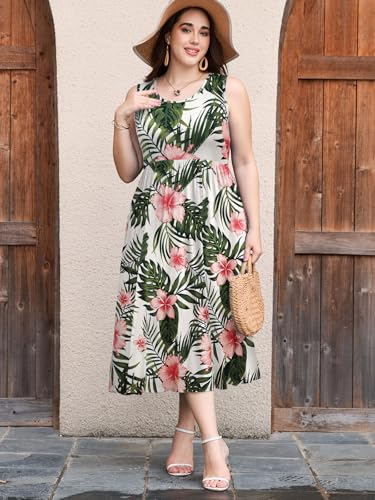 Image of LARACE Women's Plus Size Sleeveless Maxi Dress Casual Crew Neck Pleated Flowy Long Dresses with Pockets L-6XL