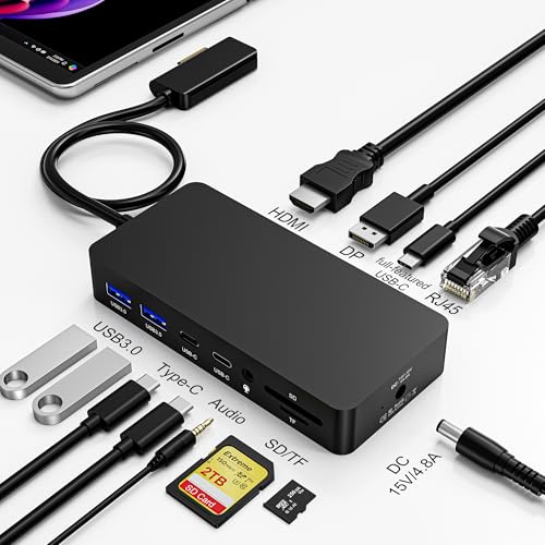 Image of 12-in-1 Surface Docking Station, 4K@60Hz Triple Display Surface Dock with HDMI, DP, USB-C, 4-Screen Support, 4 USB Ports, SD /TF, Audio for Surface Pro 11 /10 /9 /8 /7, Surface Laptop, Book, Go
