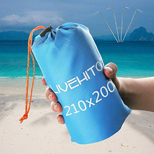 LIVEHITOP Manta de Playa 210x200cm Anti-Arena - Alfombra de Picnic Impermeable Plegable Extra Grande para Camping, Jardín, Viaje, Al Aire Libre, Azul