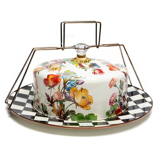 MACKENZIE-CHILDS Cake Carrier, Cake-Dish Serving Platter with Lid and Handles, White Flower Market with Black-and-White Courtly Check