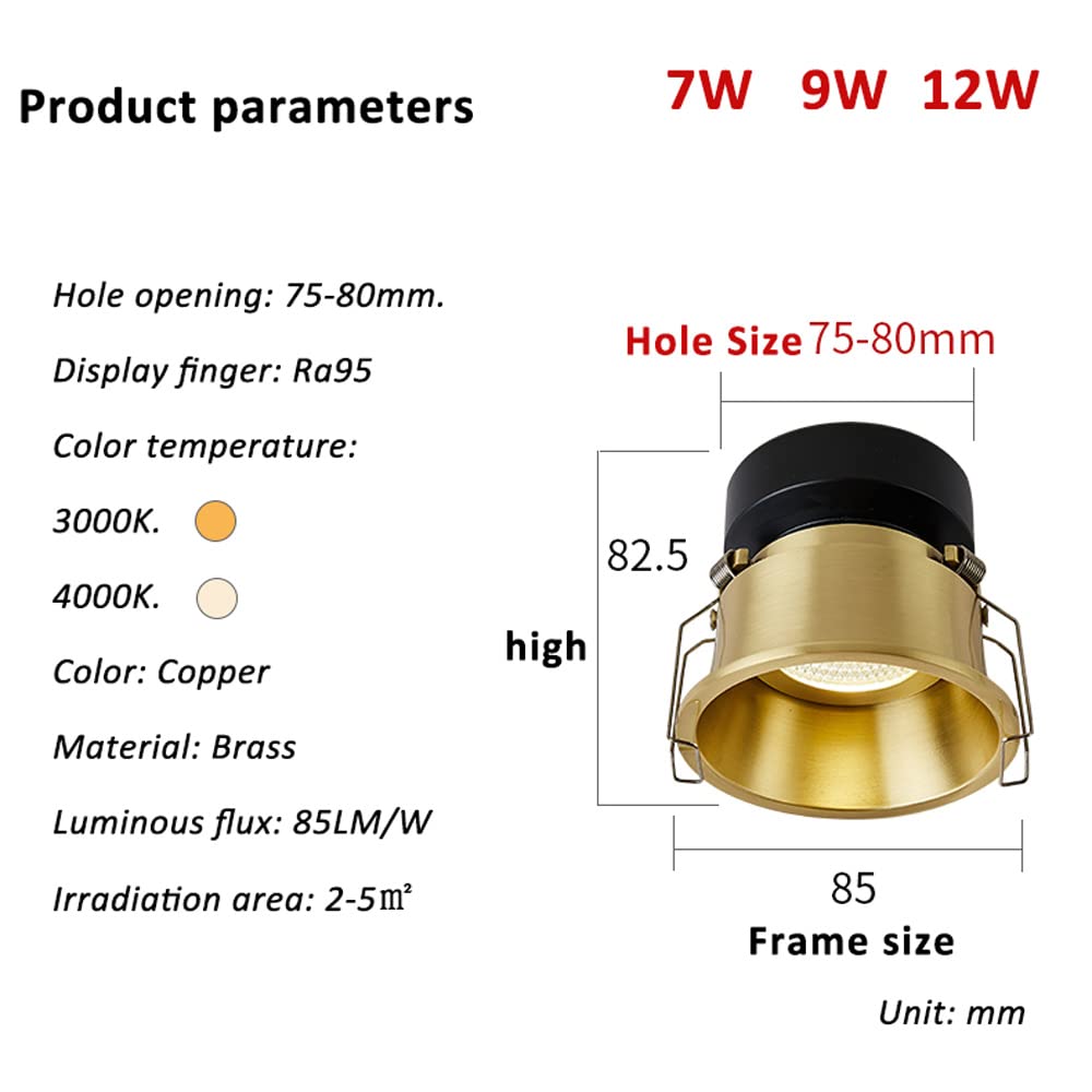 Focos empotrados giratorios sin Carcasa de 3 Pulgadas, Paquete de 4, Panel de latón, luz Blanca cálida para Interiores, 7 W, 9 W, 12 W.