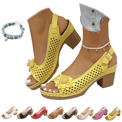 CLOUDEMO Buckled Square Heel Sandals for Women Dressy, Buckled Square Dressy Heel Summer Sandals, Low Slingback Peep Toe Wedge Shoes