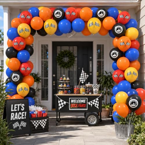 Image of Race Car Balloons, 12 Inch Blue Black Yellow Orange Red Checkered Flag Car Balloons for Boy Race Cars Themed Birthday Graduation Baby Shower Backdrop
